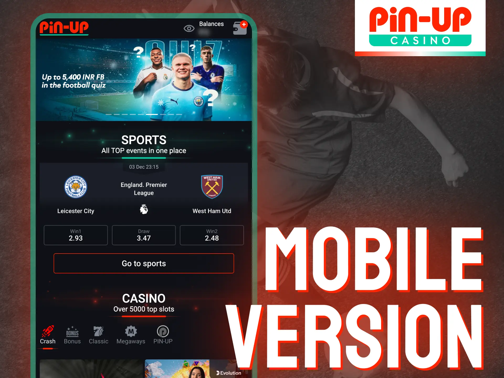 Pin Up casino mobile website version offers the same features as the app.
