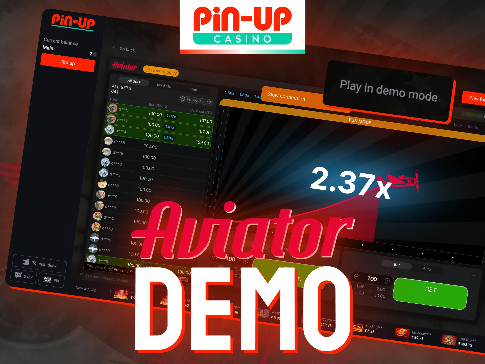 Try Aviator game for free at Pin-Up website.