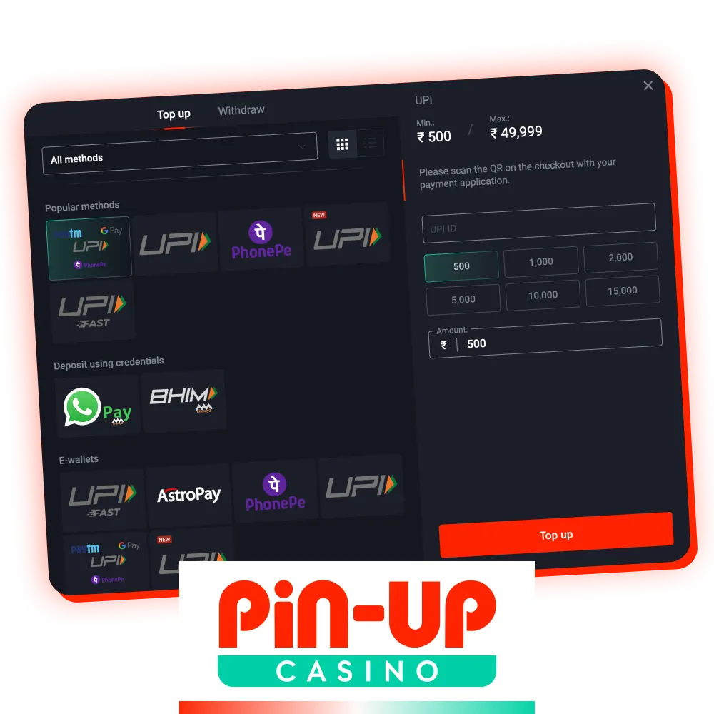 Pin-Up offers many popular deposit methods in India.