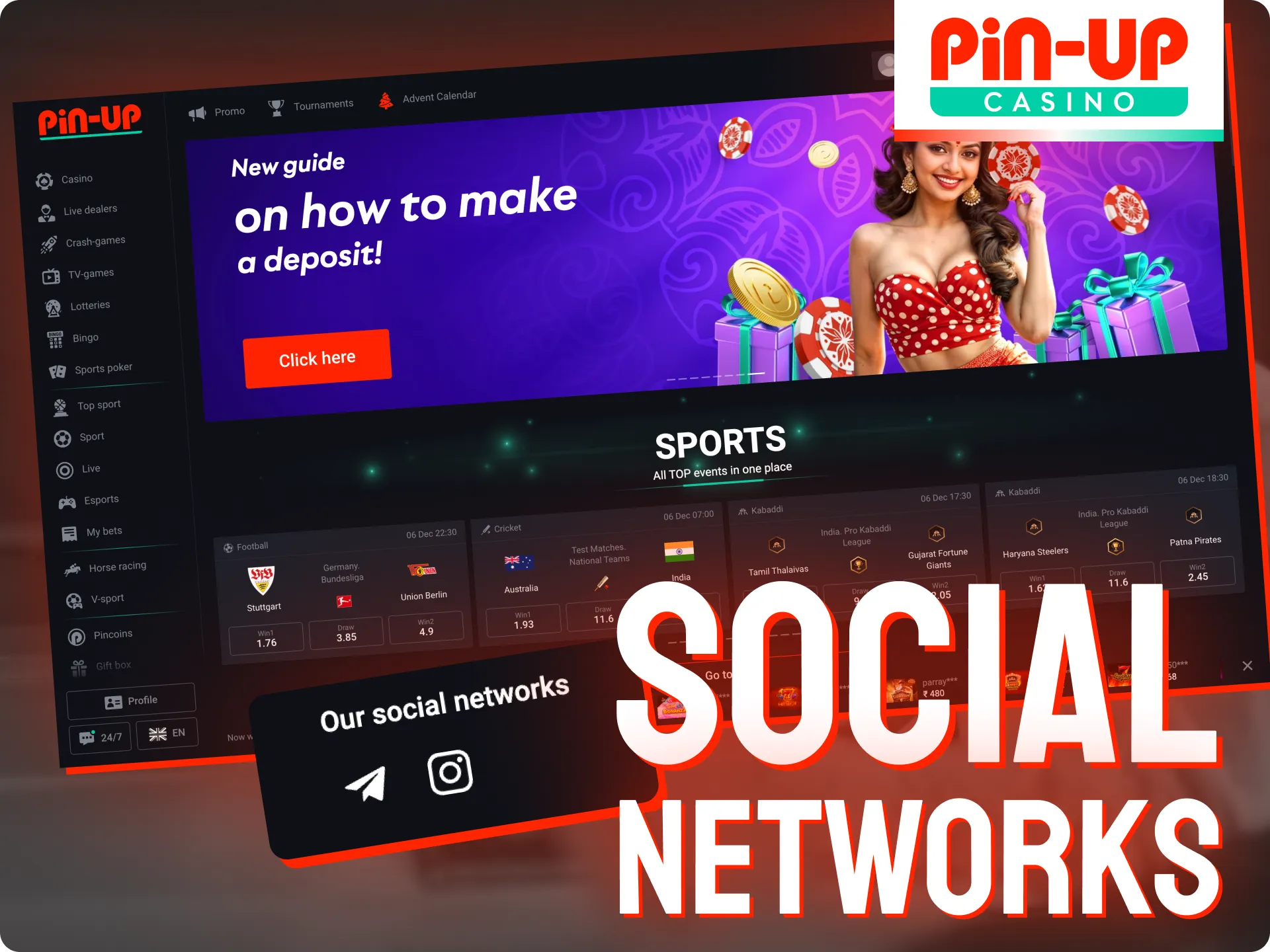 Pin-Up support team is active on social media platforms.