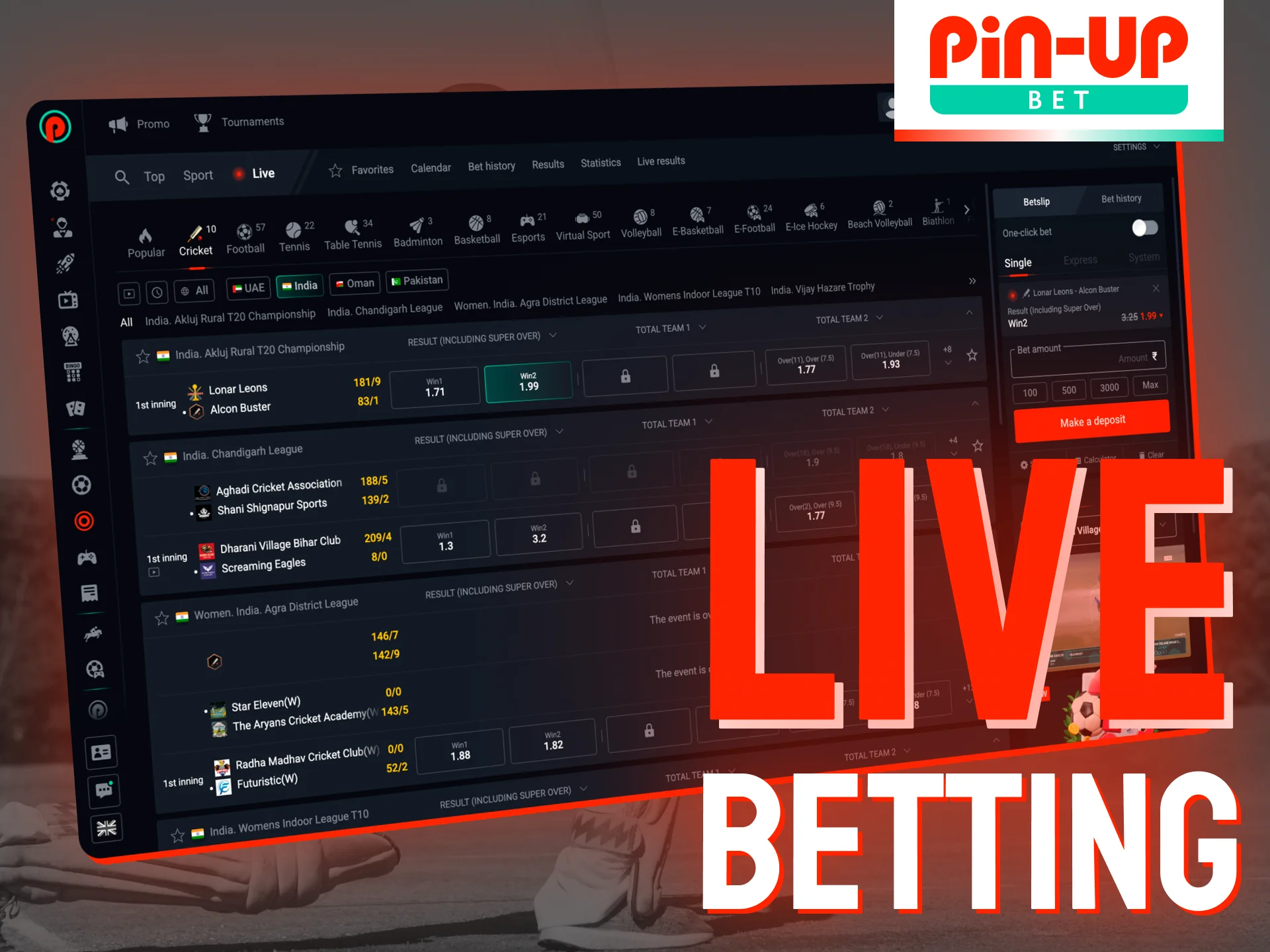 You can try live cricket betting at Pin-Up platform.