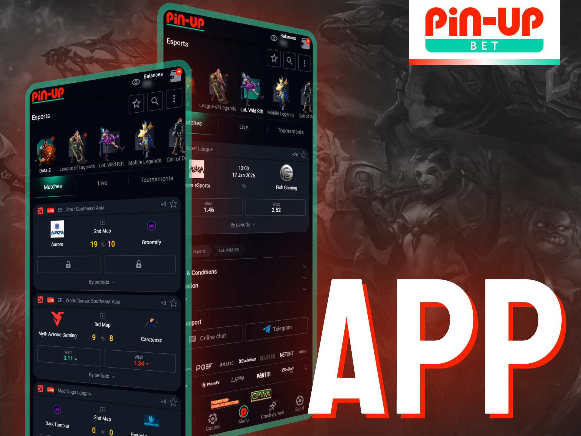 You can bet on esports tournaments in the Pin-Up app.