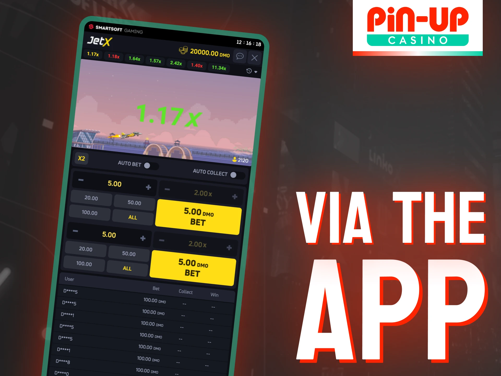 The Pin-Up app allows you to play JetX any free time.