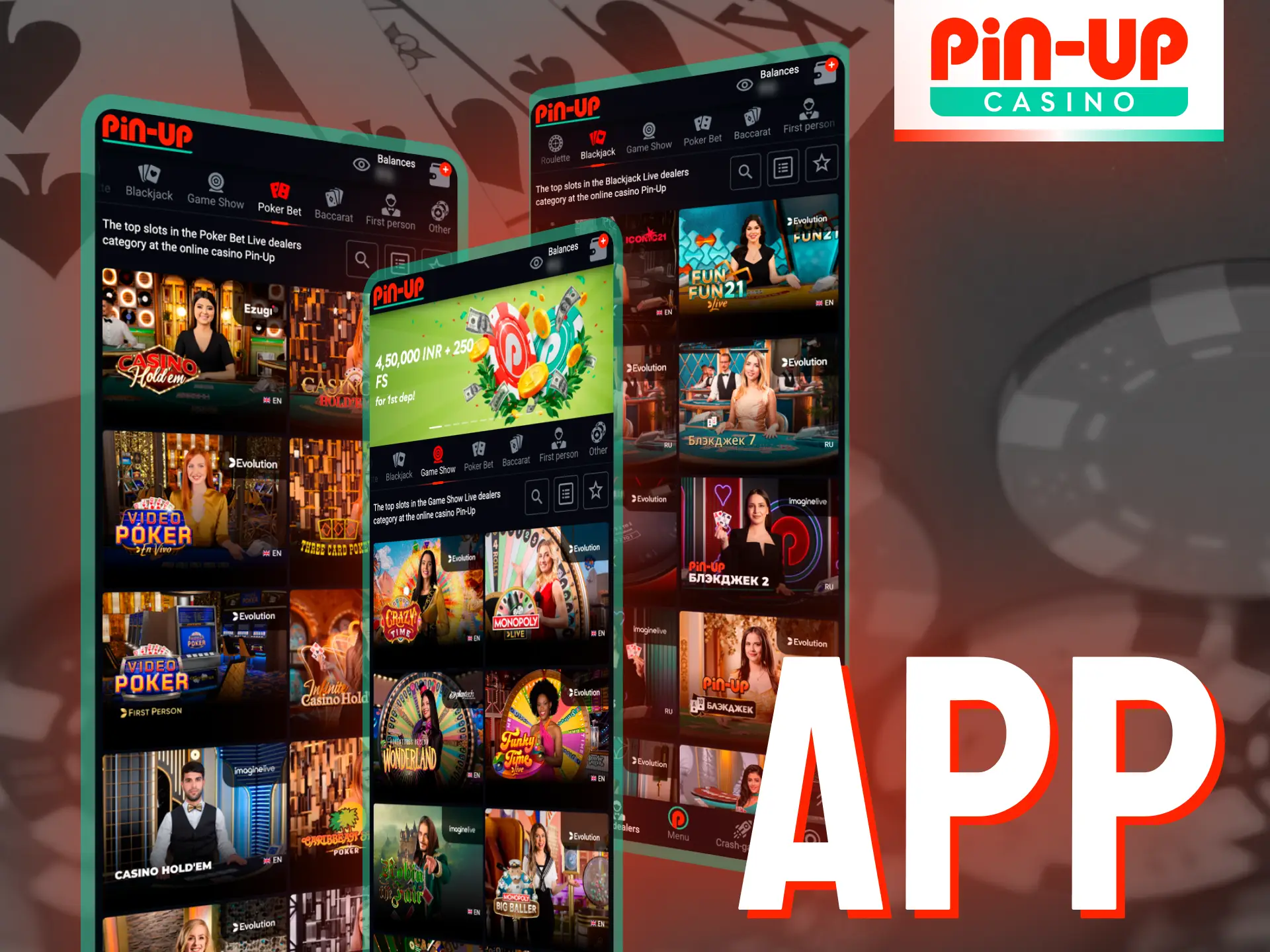 Live dealer games are available in the Pin-Up mobile app.