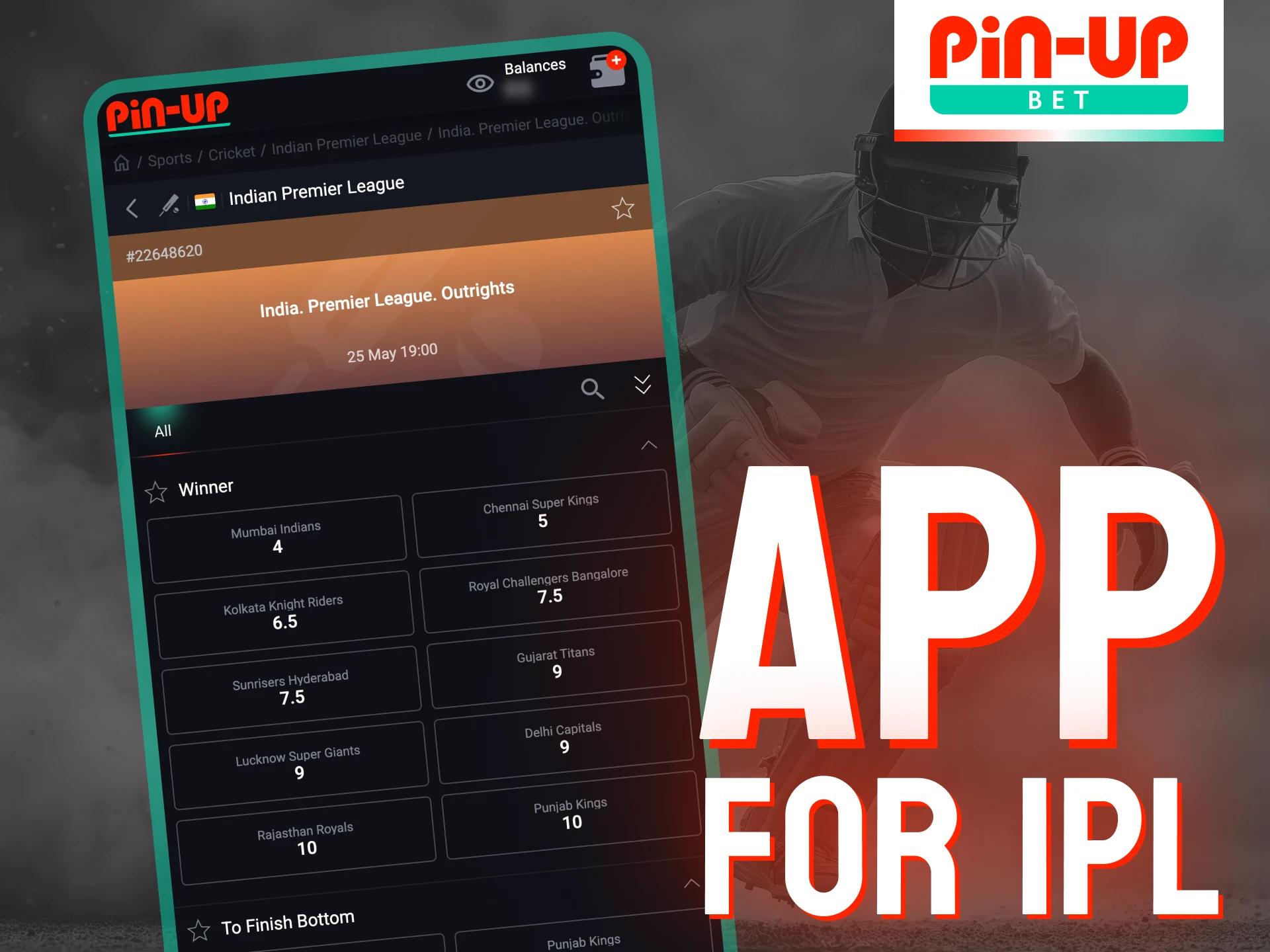 Pin-Up offers a mobile betting app for IPL 2025 for Android and iOS devices.