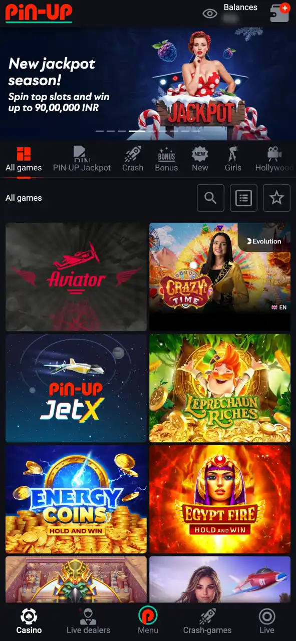 Open the Pin-Up Casino app and log in or register to start playing.