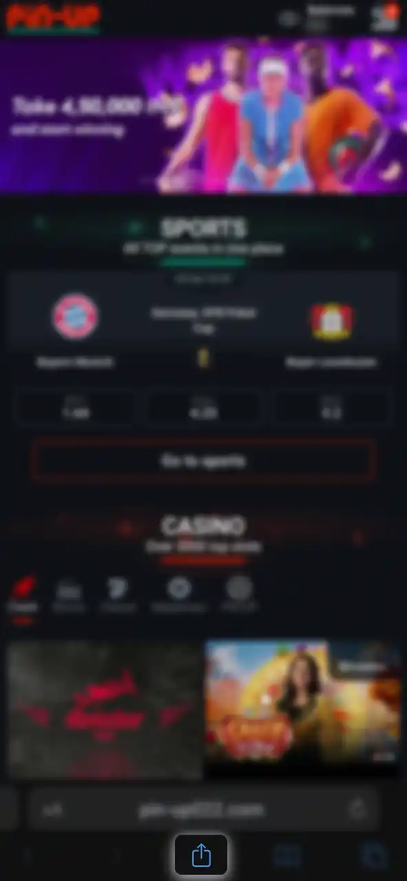 Tap the Share icon in Safari to add Pin-Up Casino to your home screen.