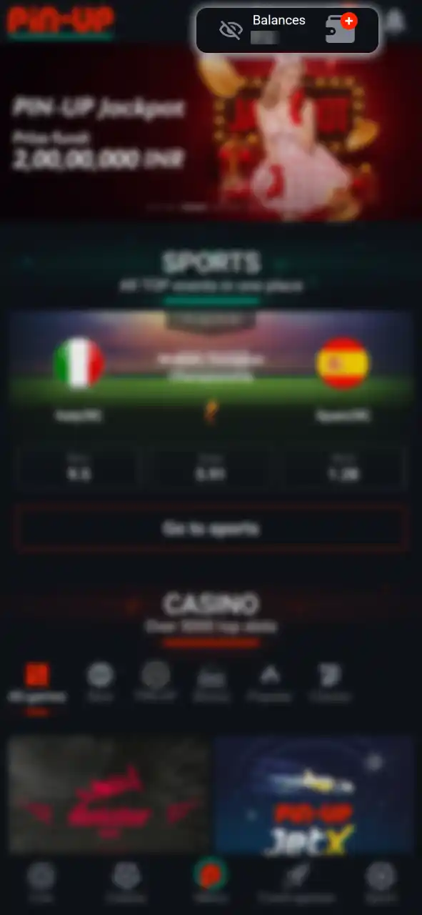 Tap Deposit on the home screen to fund your Pin-Up Casino account.