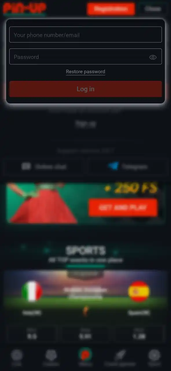 Log in to your Pin-Up Casino account or sign up to get started.