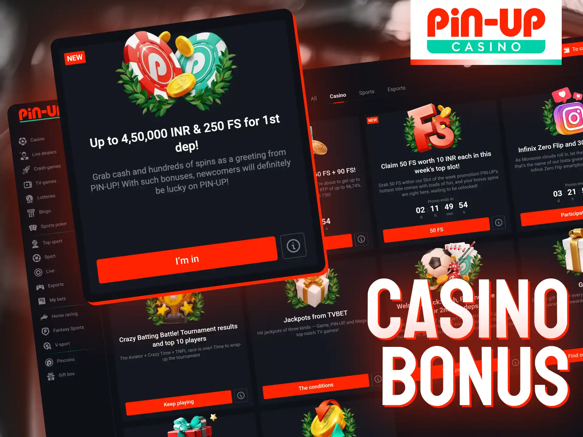 Pin-Up Casino offers welcome bonuses with free spins and deposit match.